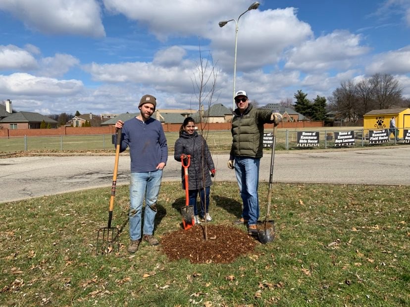 3 people standing around tree planted